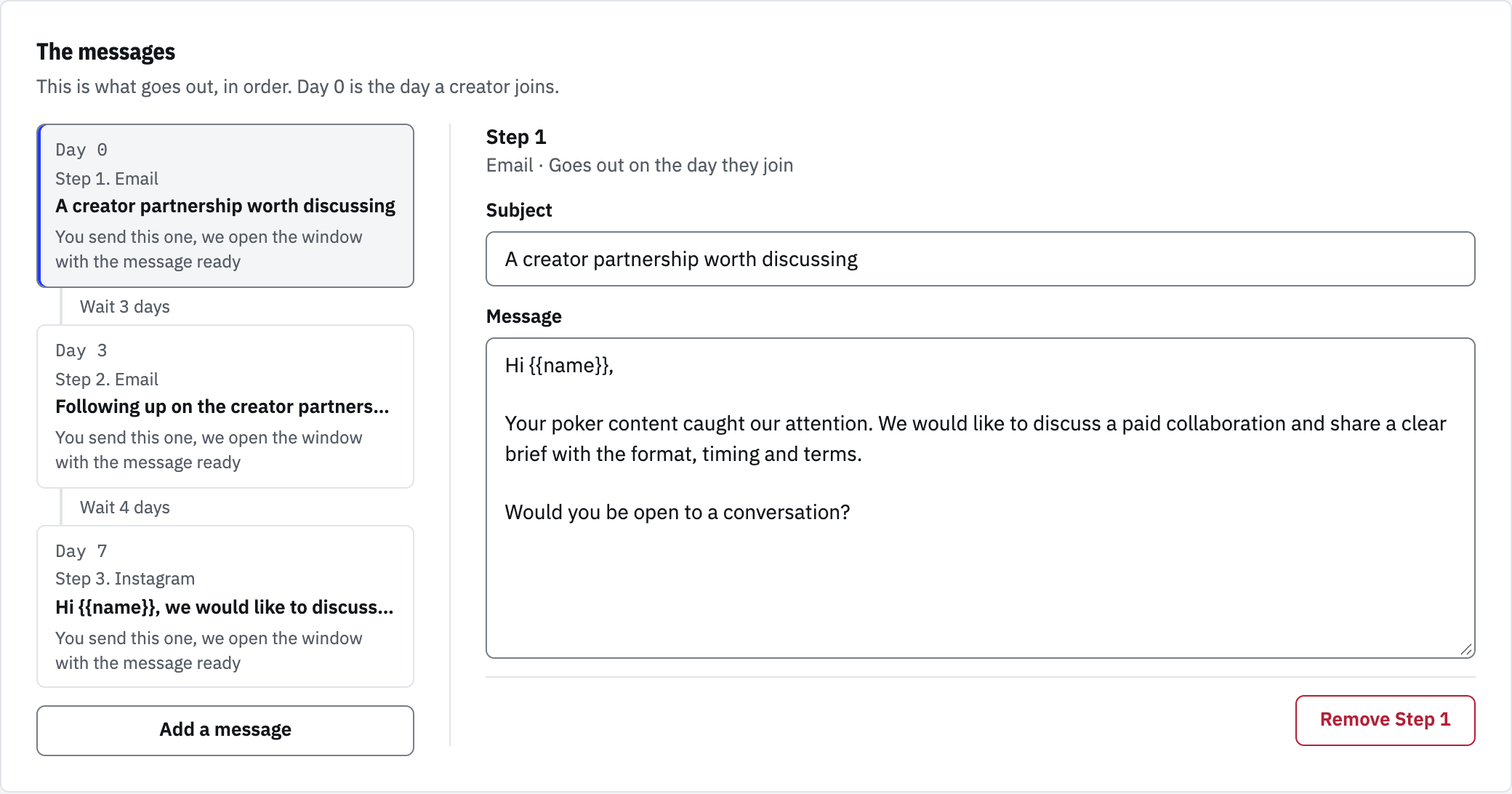 Trovascout's message sequence editor with an introduction, a follow-up and an Instagram DM step.