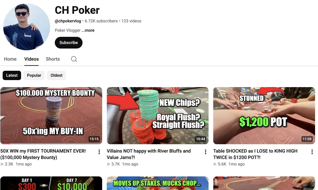 CH Poker's YouTube channel with poker session and tournament videos.