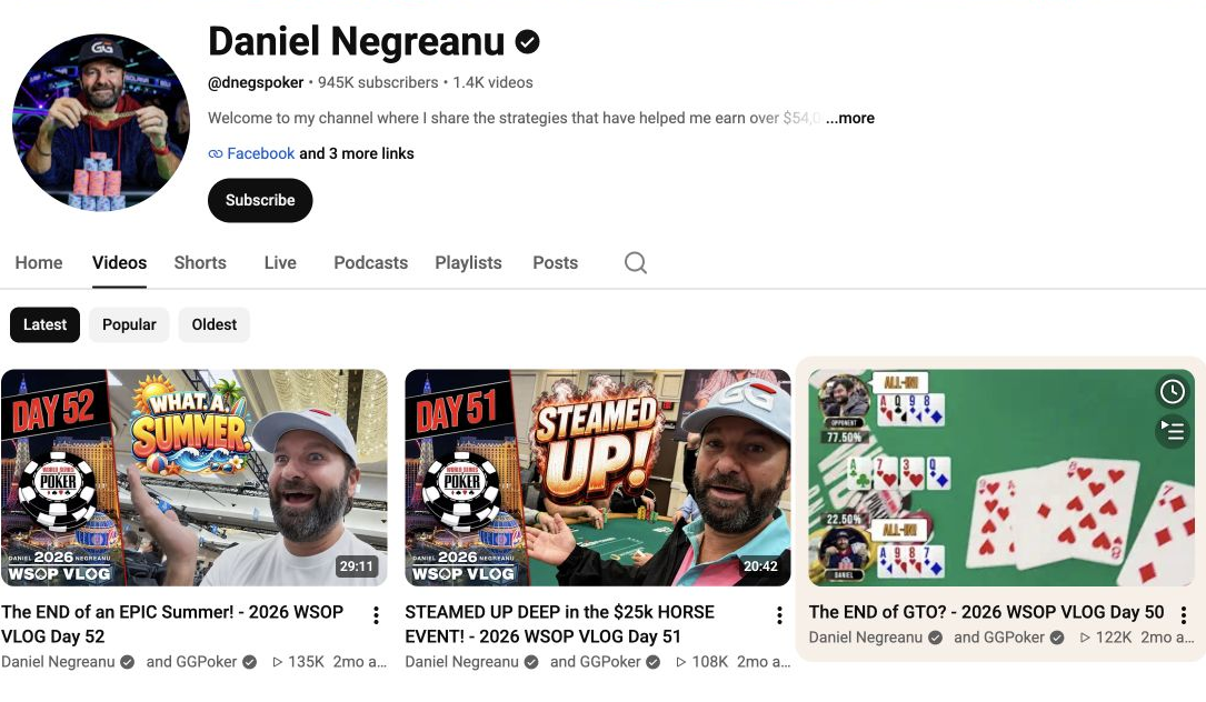 Daniel Negreanu's verified YouTube channel with poker vlog thumbnails.