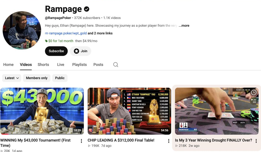 Ethan Yau's verified Rampage YouTube channel and tournament vlog thumbnails.