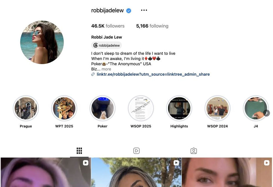 Robbi Jade Lew's verified Instagram profile and public poker-related highlights.